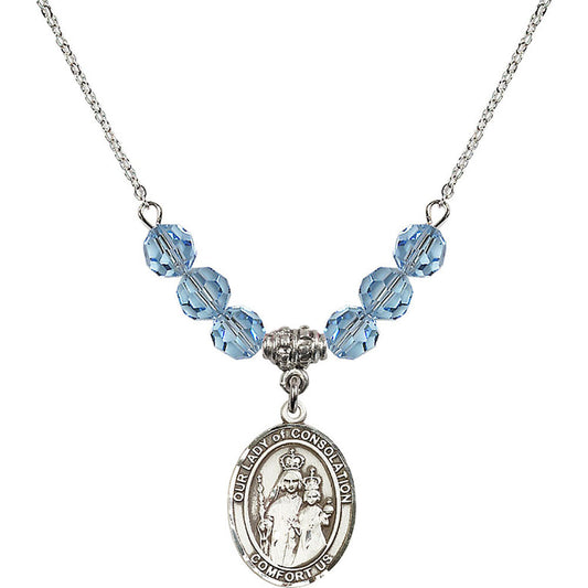 Sterling Silver Our Lady of Consolation Birthstone Necklace with Aqua Beads - 8292