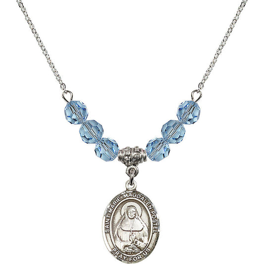 Sterling Silver Saint Marie Magdalen Postel Birthstone Necklace with Aqua Beads - 8294