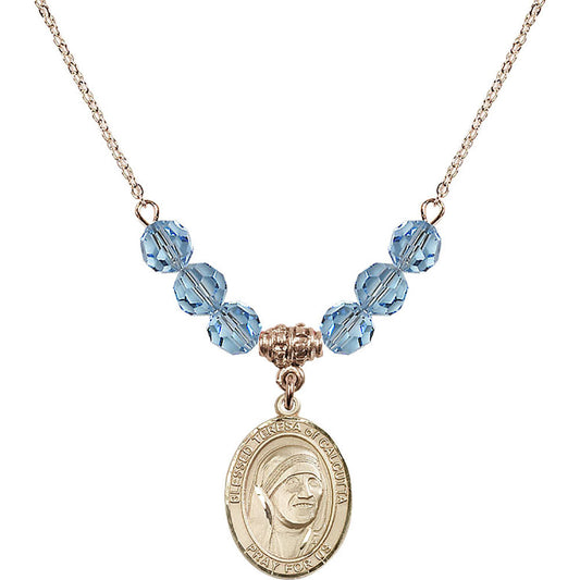14kt Gold Filled Saint Teresa of Calcutta Birthstone Necklace with Aqua Beads - 8295