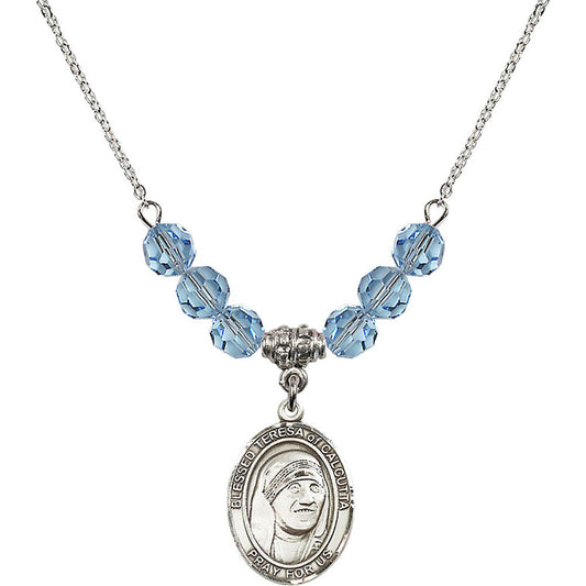 Sterling Silver Saint Teresa of Calcutta Birthstone Necklace with Aqua Beads - 8295