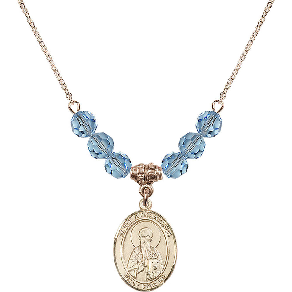 14kt Gold Filled Saint Athanasius Birthstone Necklace with Aqua Beads - 8296