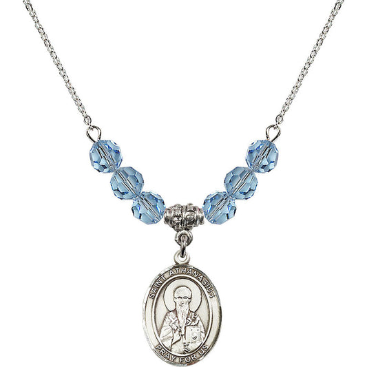 Sterling Silver Saint Athanasius Birthstone Necklace with Aqua Beads - 8296