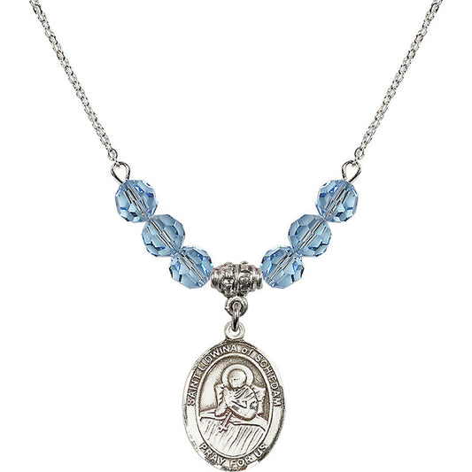 Sterling Silver Saint Lidwina of Schiedam Birthstone Necklace with Aqua Beads - 8297