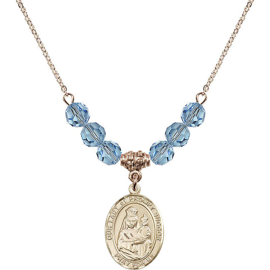 14kt Gold Filled Our Lady of Prompt Succor Birthstone Necklace with Aqua Beads - 8299