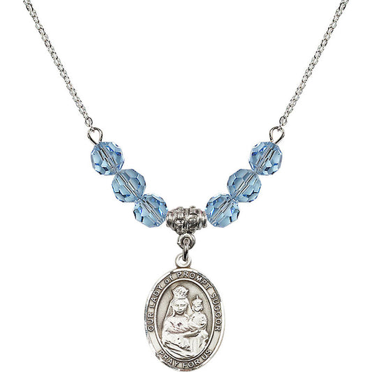 Sterling Silver Our Lady of Prompt Succor Birthstone Necklace with Aqua Beads - 8299