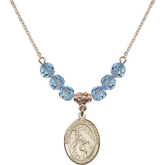 14kt Gold Filled Saint Margaret of Cortona Birthstone Necklace with Aqua Beads - 8301