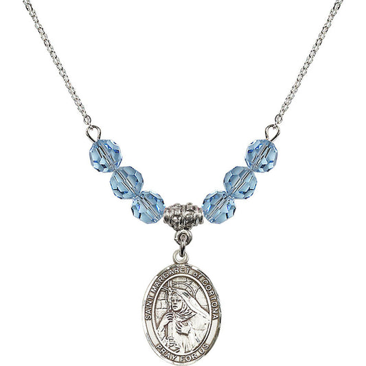 Sterling Silver Saint Margaret of Cortona Birthstone Necklace with Aqua Beads - 8301