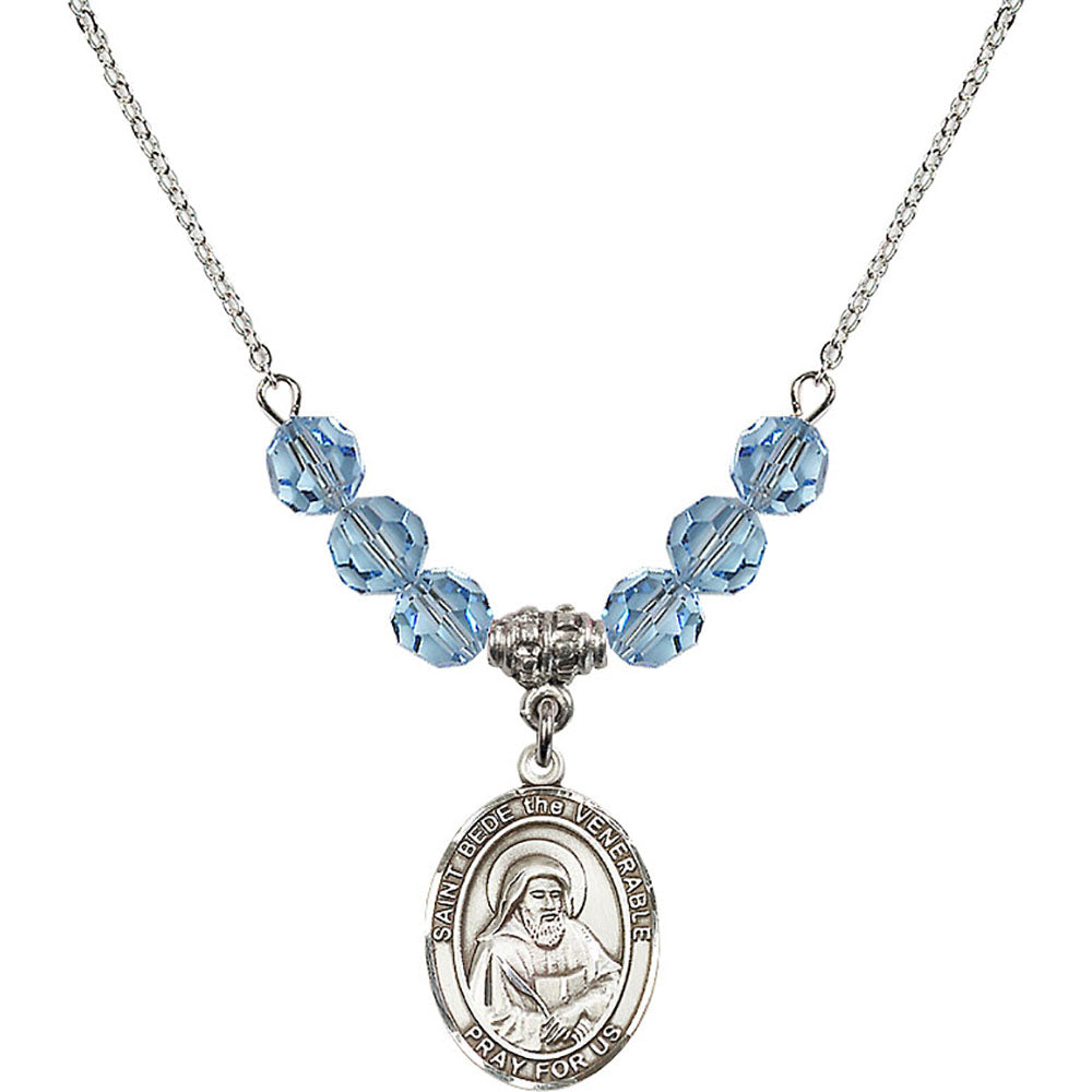 Sterling Silver Saint Bede the Venerable Birthstone Necklace with Aqua Beads - 8302