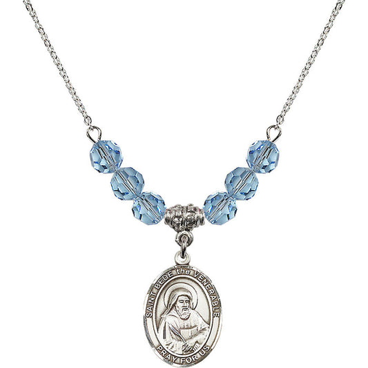 Sterling Silver Saint Bede the Venerable Birthstone Necklace with Aqua Beads - 8302