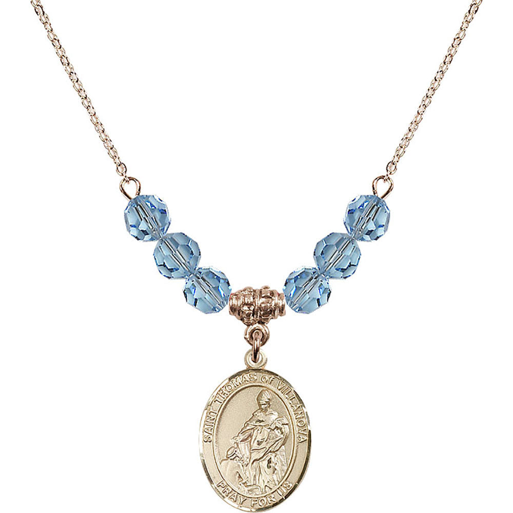 14kt Gold Filled Saint Thomas of Villanova Birthstone Necklace with Aqua Beads - 8304