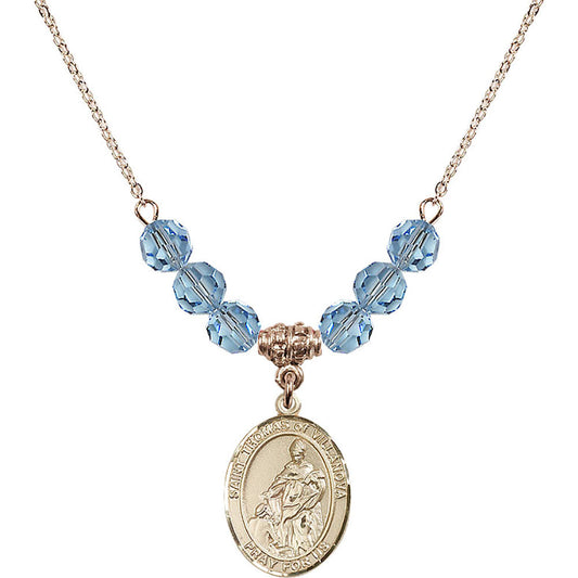 14kt Gold Filled Saint Thomas of Villanova Birthstone Necklace with Aqua Beads - 8304