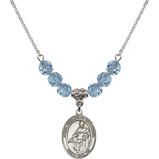 Sterling Silver Saint Thomas of Villanova Birthstone Necklace with Aqua Beads - 8304