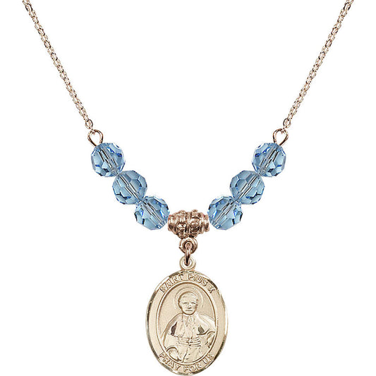 14kt Gold Filled Saint Pius X Birthstone Necklace with Aqua Beads - 8305