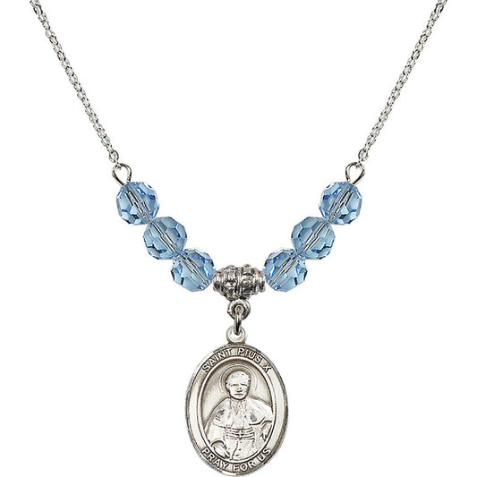 Sterling Silver Saint Pius X Birthstone Necklace with Aqua Beads - 8305