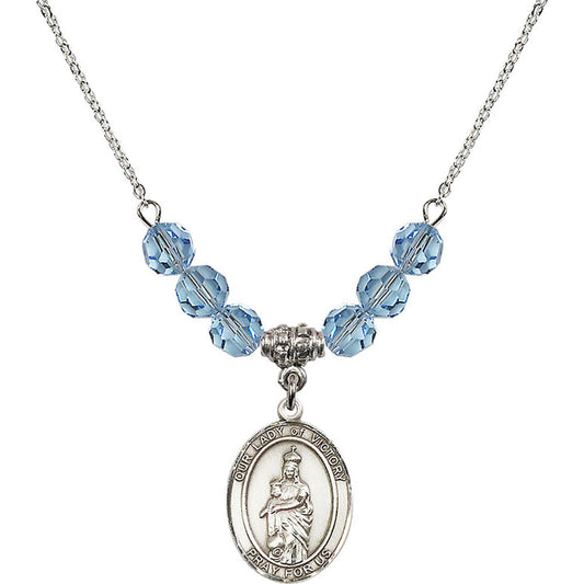 Sterling Silver Our Lady of Victory Birthstone Necklace with Aqua Beads - 8306