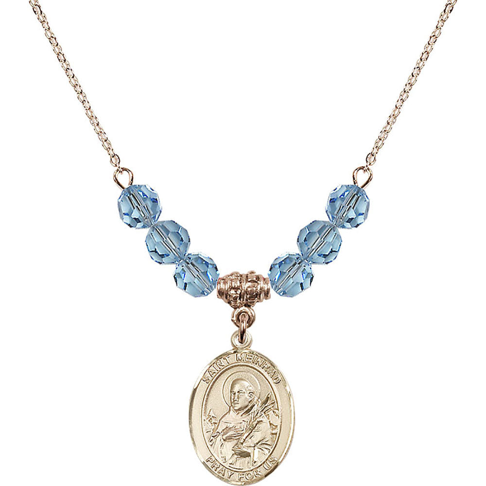14kt Gold Filled Saint Meinrad of Einsiedeln Birthstone Necklace with Aqua Beads - 8307