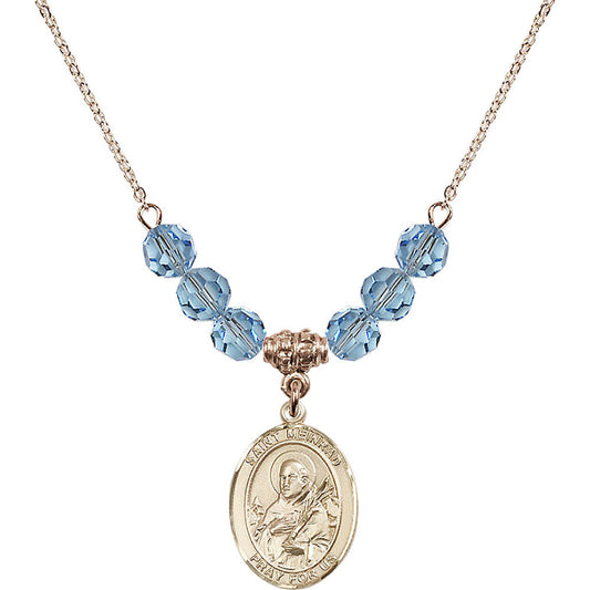 14kt Gold Filled Saint Meinrad of Einsiedeln Birthstone Necklace with Aqua Beads - 8307