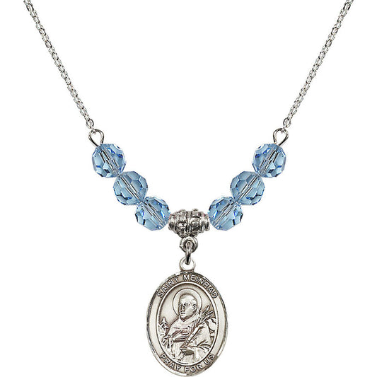 Sterling Silver Saint Meinrad of Einsiedeln Birthstone Necklace with Aqua Beads - 8307