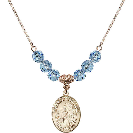 14kt Gold Filled Saint Finnian of Clonard Birthstone Necklace with Aqua Beads - 8308