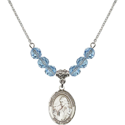 Sterling Silver Saint Finnian of Clonard Birthstone Necklace with Aqua Beads - 8308