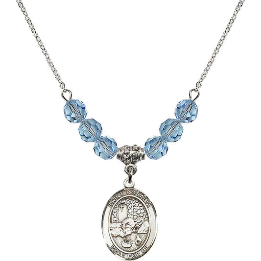 Sterling Silver Saint Rosalia Birthstone Necklace with Aqua Beads - 8309