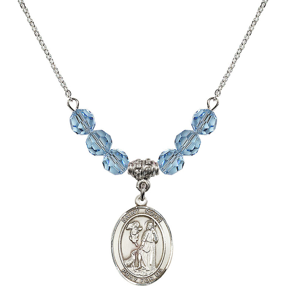 Sterling Silver Saint Roch Birthstone Necklace with Aqua Beads - 8310