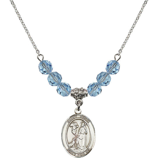 Sterling Silver Saint Roch Birthstone Necklace with Aqua Beads - 8310