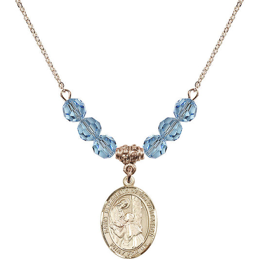 14kt Gold Filled Saint Elizabeth of the Visitation Birthstone Necklace with Aqua Beads - 8311