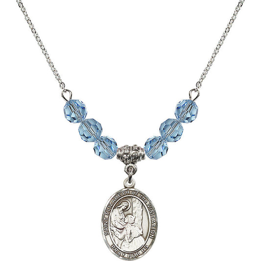 Sterling Silver Saint Elizabeth of the Visitation Birthstone Necklace with Aqua Beads - 8311