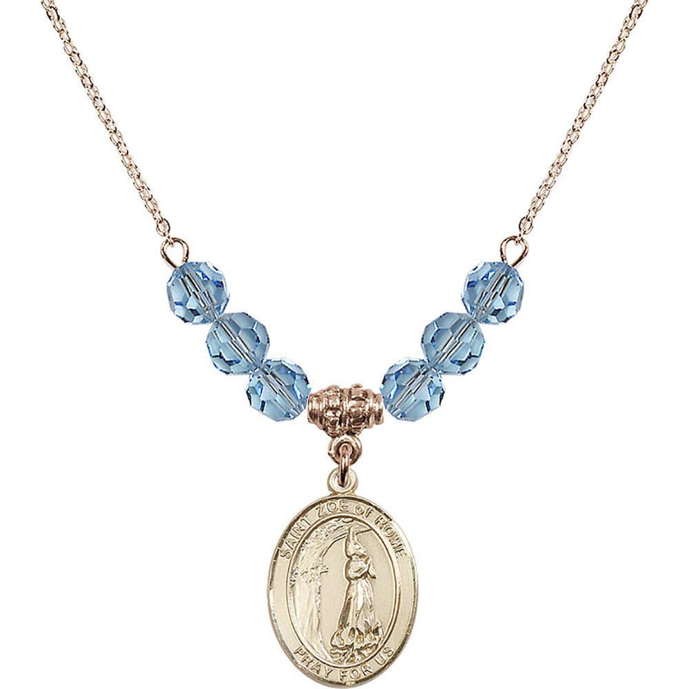14kt Gold Filled Saint Zoe of Rome Birthstone Necklace with Aqua Beads - 8314