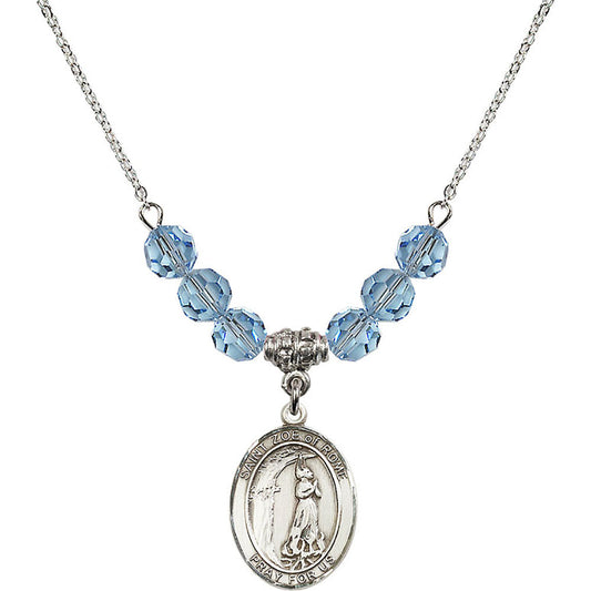 Sterling Silver Saint Zoe of Rome Birthstone Necklace with Aqua Beads - 8314