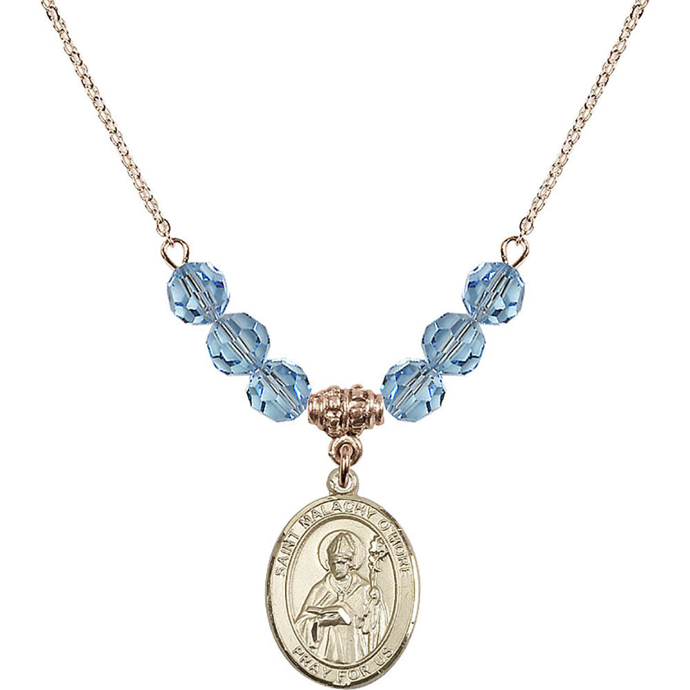 14kt Gold Filled Saint Malachy O'More Birthstone Necklace with Aqua Beads - 8316