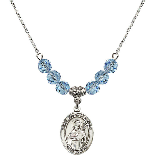Sterling Silver Saint Malachy O'More Birthstone Necklace with Aqua Beads - 8316