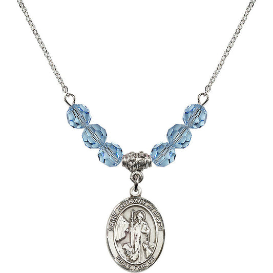 Sterling Silver Saint Anthony of Egypt Birthstone Necklace with Aqua Beads - 8317
