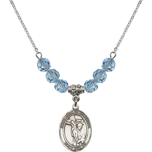 Sterling Silver Saint Paul of the Cross Birthstone Necklace with Aqua Beads - 8318