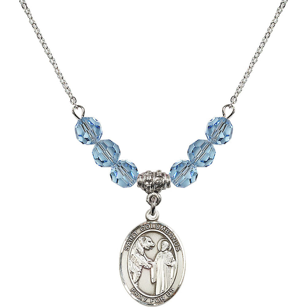 Sterling Silver Saint Columbanus Birthstone Necklace with Aqua Beads - 8321