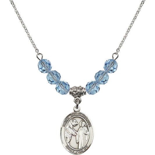 Sterling Silver Saint Columbanus Birthstone Necklace with Aqua Beads - 8321