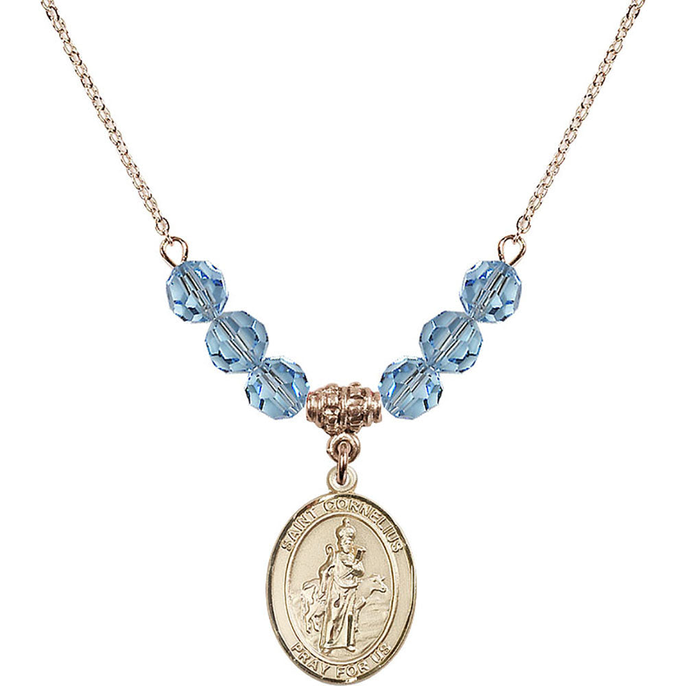 14kt Gold Filled Saint Cornelius Birthstone Necklace with Aqua Beads - 8325