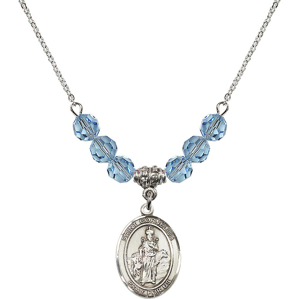 Sterling Silver Saint Cornelius Birthstone Necklace with Aqua Beads - 8325