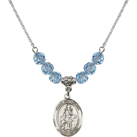 Sterling Silver Saint Cornelius Birthstone Necklace with Aqua Beads - 8325