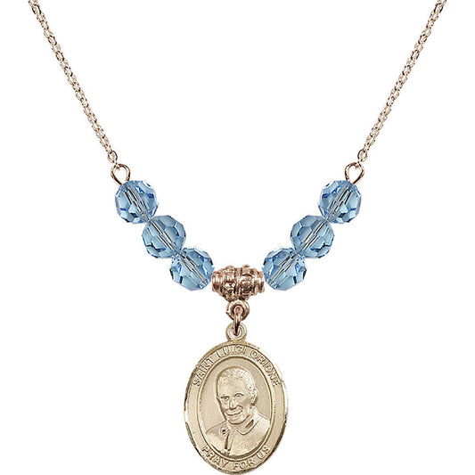 14kt Gold Filled Saint Luigi Orione Birthstone Necklace with Aqua Beads - 8326