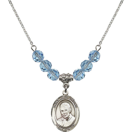 Sterling Silver Saint Luigi Orione Birthstone Necklace with Aqua Beads - 8326