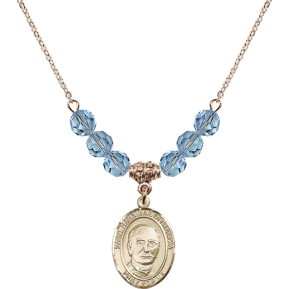 14kt Gold Filled Saint Hannibal Birthstone Necklace with Aqua Beads - 8327