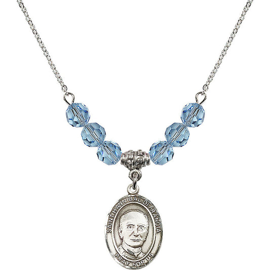Sterling Silver Saint Hannibal Birthstone Necklace with Aqua Beads - 8327