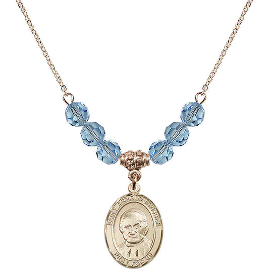 14kt Gold Filled Saint Arnold Janssen Birthstone Necklace with Aqua Beads - 8328
