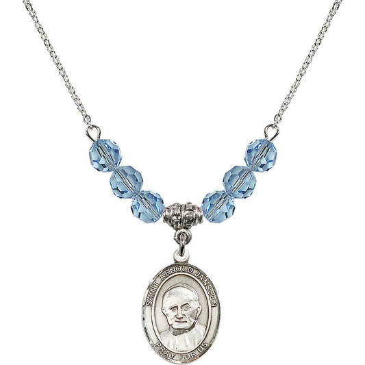 Sterling Silver Saint Arnold Janssen Birthstone Necklace with Aqua Beads - 8328