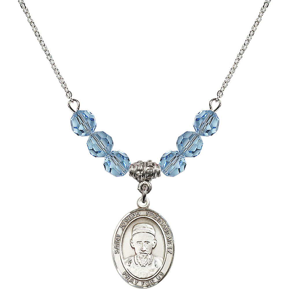 Sterling Silver Saint Joseph Freinademetz Birthstone Necklace with Aqua Beads - 8329