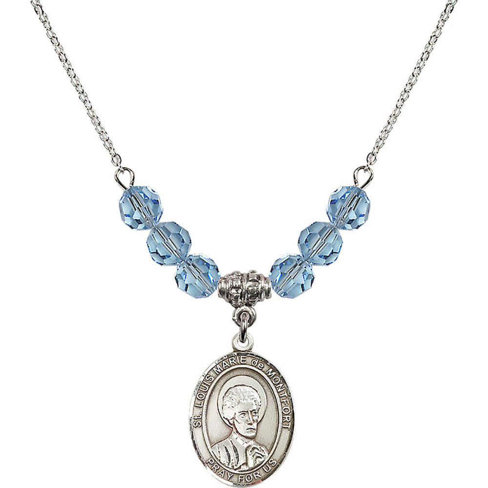 Sterling Silver Saint Louis Marie de Montfort Birthstone Necklace with Aqua Beads - 8330