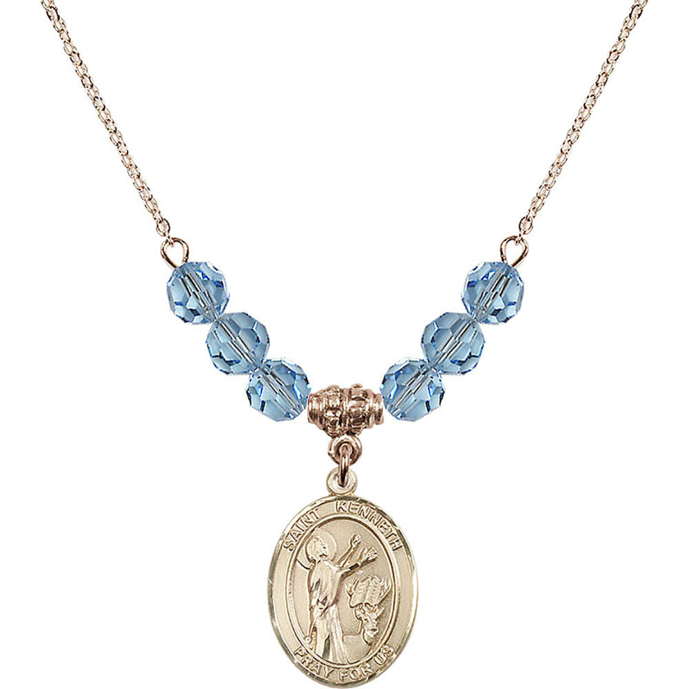 14kt Gold Filled Saint Kenneth Birthstone Necklace with Aqua Beads - 8332