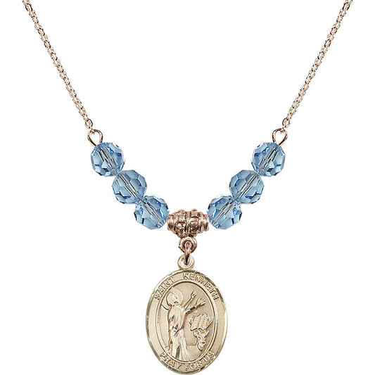 14kt Gold Filled Saint Kenneth Birthstone Necklace with Aqua Beads - 8332